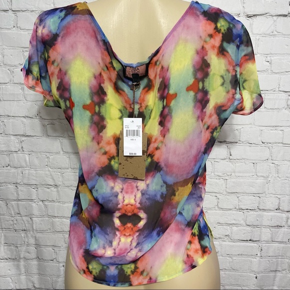 ABS by Allen Schwartz Denim Collection Watercolor Print Sheer Top Size S - Picture 3 of 6